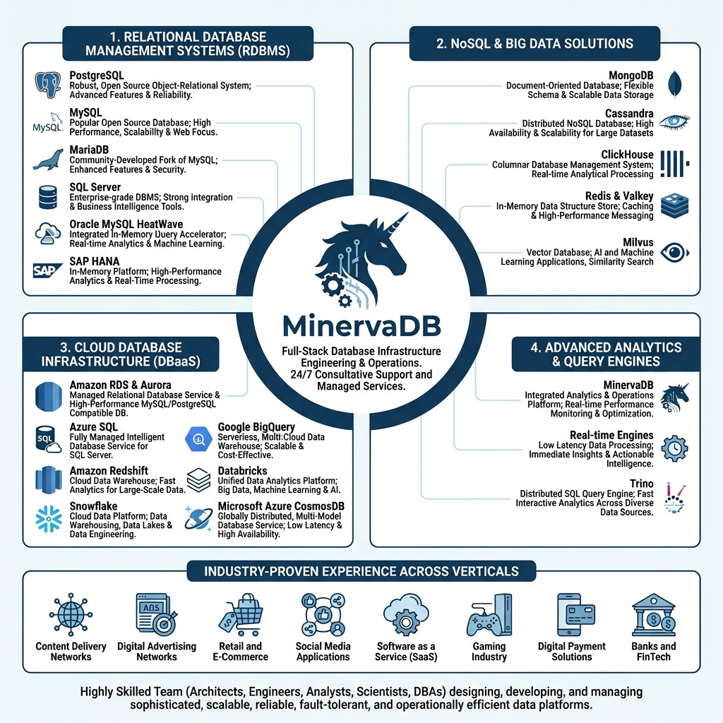 Full-stack Database Infrastructure Engineering, Data Strategy, Analytics and Operations Management for PostgreSQL, MySQL, MariaDB, Microsoft SQL Server, MongoDB, SAP HANA, ClickHouse, Trino, Cassandra, Redis, Valkey, and Milvus. Also covers Cloud Database Infrastructure/DBaaS solutions including Oracle MySQL HeatWave, Amazon RDS, AzureSQL, Redshift, Amazon Aurora, Snowflake, Google BigQuery, and Databricks. Focuses on Performance, Scalability, High Availability, Data Reliability Engineering, and Data Security.